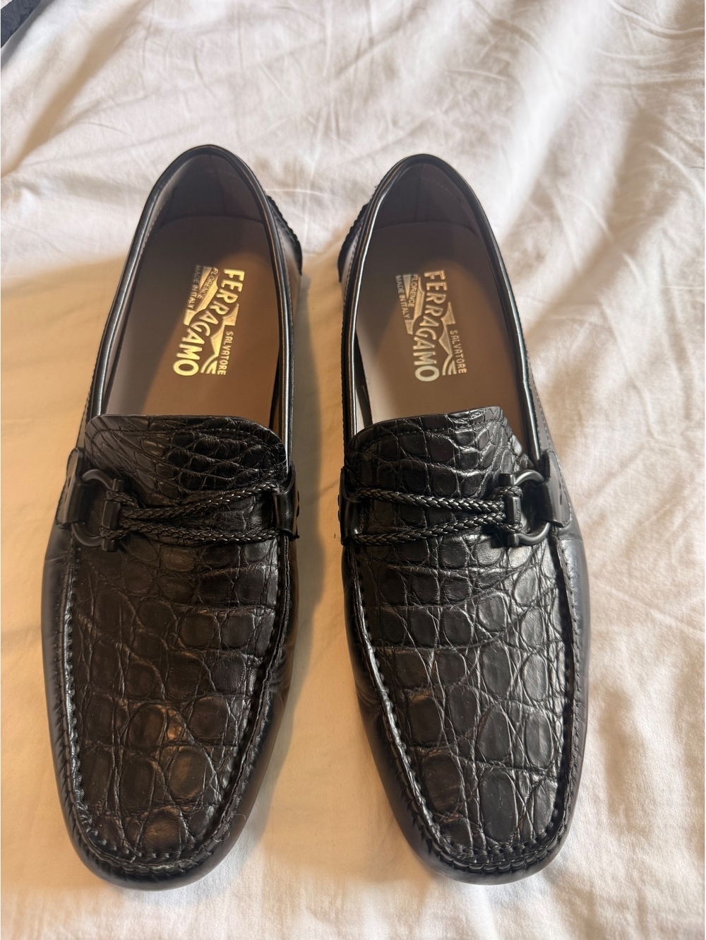 Salvatore Ferragamo black crocodile loafers shoes Giancini Bit size 9.5 D